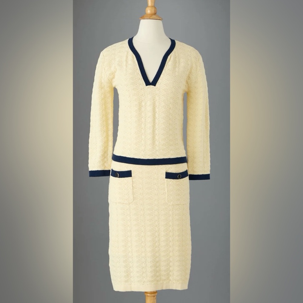 J. Peterman Vivienne Pointelle Cotton Suit Set Cream Navy Trim Skirt Top XS/S - Picture 3 of 16